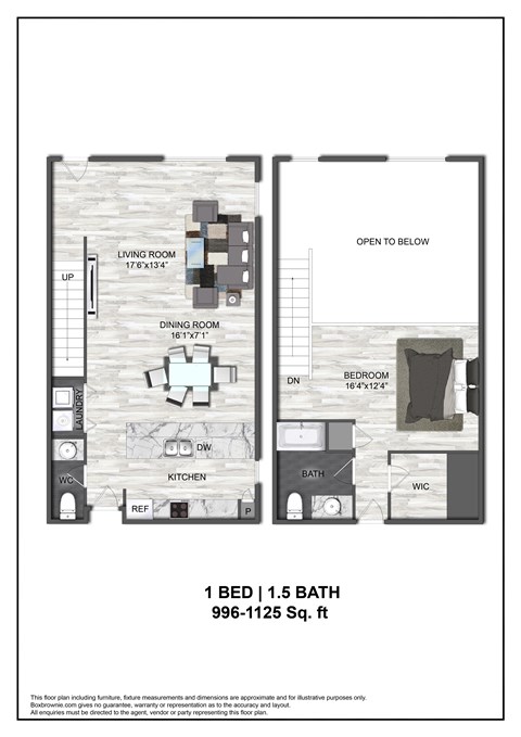 Floor plan for 1 bed, 1.5 baths, 1024 sqft